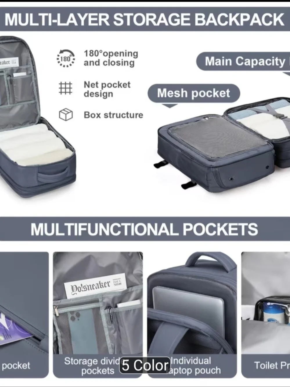 Expandable Grey Travel Backpack - 32L/45L